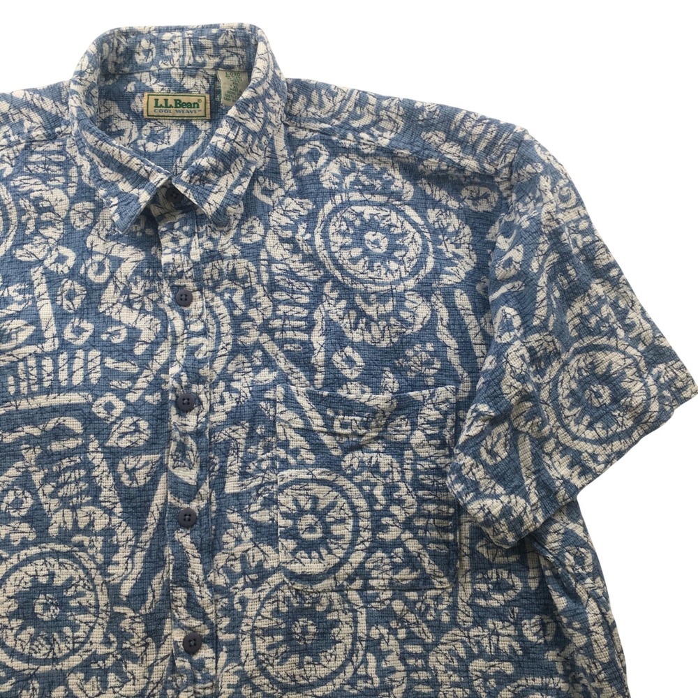 L.L. Bean Shirt Mens XL Blue Cool Weave Cotton Batik Textured Short Sleeve
